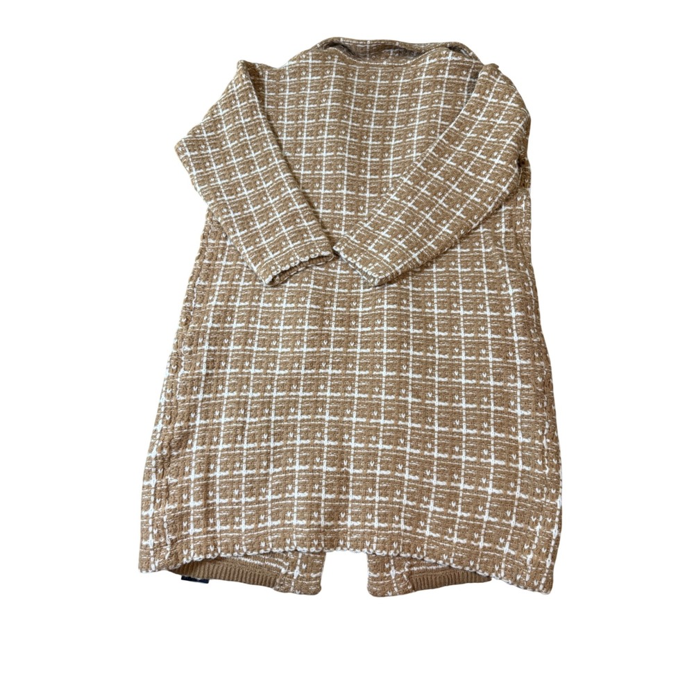 NWT Lulus Size Medium Cozy Conditions Tan White Knit Plaid Coatigan Pockets - Picture 8 of 11